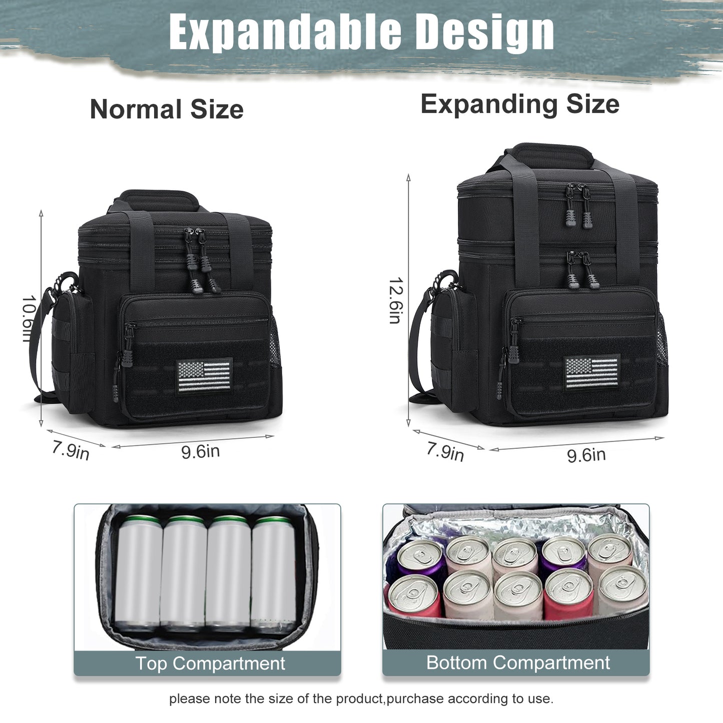 Holuxer Large Lunch Box for Men/Adults, Double Deck Expandable Camping Lunch Bags for Work Travel Daytrip Picnic Outdoor, Insulated Leakproof Cooler Bags with Flag Adjustable Shoulder Strap Black