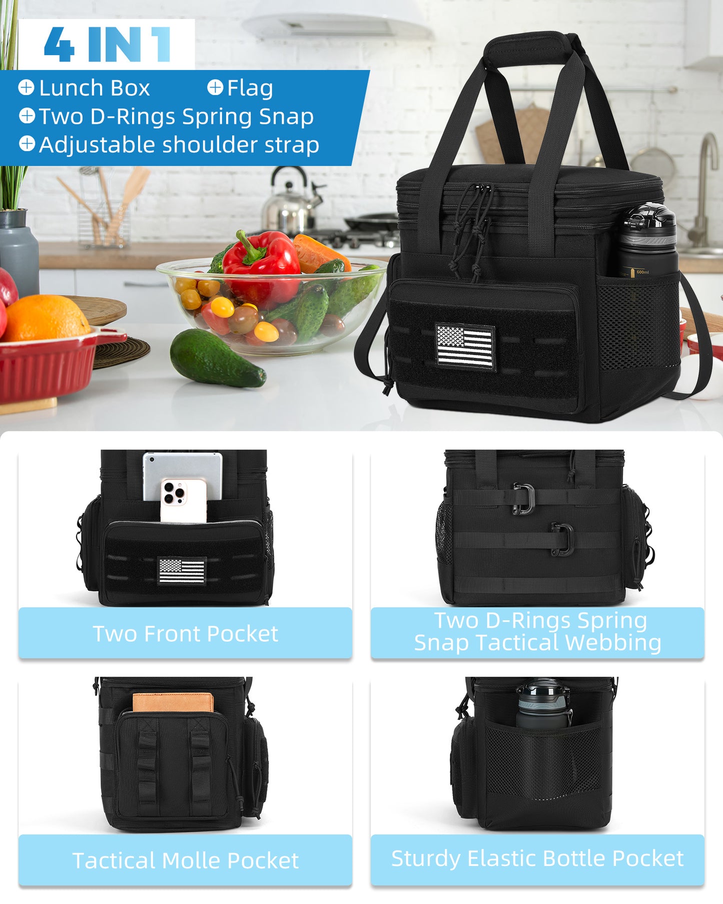 Holuxer Insulated Lunch Bag & Lunch Box for Men/Women - Double Deck Expandable Tactical Lunch Cooler Bags for Work - Soft Adult Lunchbox for Outdoor Beach Picnic Camping Travel (Black,16L)