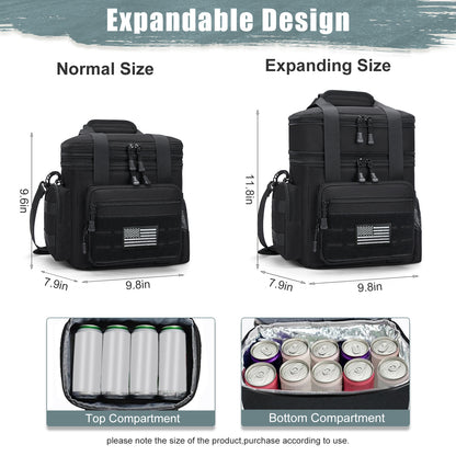 Holuxer Large Lunch Box for Men/Adults, Double Deck Expandable Camping Lunch Bags for Work Travel Daytrip Picnic Outdoor, Insulated Leakproof Cooler Bags with Flag Adjustable Shoulder Strap Black