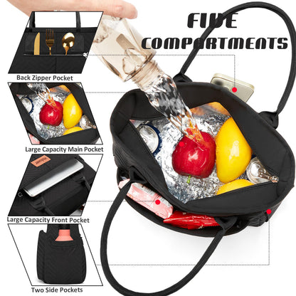 Holuxer Lunch Bags for Women, Insulated Lunch Box for Work, Large Leakproof Cooler Purse with Side Pockets & Removable Shoulder Strap Women's Lunch Tote Bag for Picnic Work Beach Lunch Bags, Black