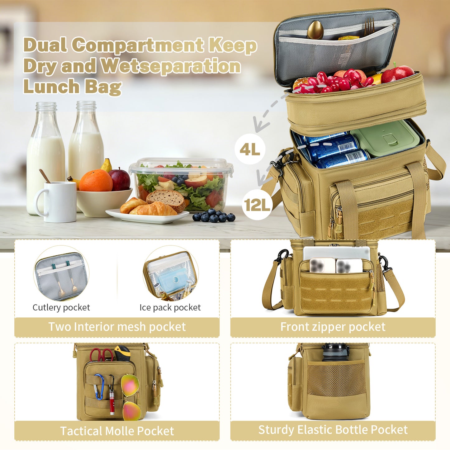 Holuxer Lunch Box for Men, 24 Can Double Deck Expandable Tactical Mens Lunch Bag for Work Travel Daytrip Picnic Camping, Large Capacity Cooler Bags with Adjustable Shoulder Strap, Brown