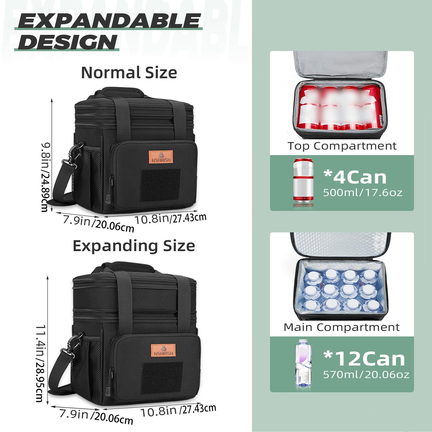 Holuxer Large Insulated Lunch Box for Men/Adults, Expandable Double-Deck Lunch Bag Durable with Shoulder Strap, Soft Leakproof Cooler Bags for Work Outdoor Picnic Trips, 20 Can/16 L, Black, Mesh