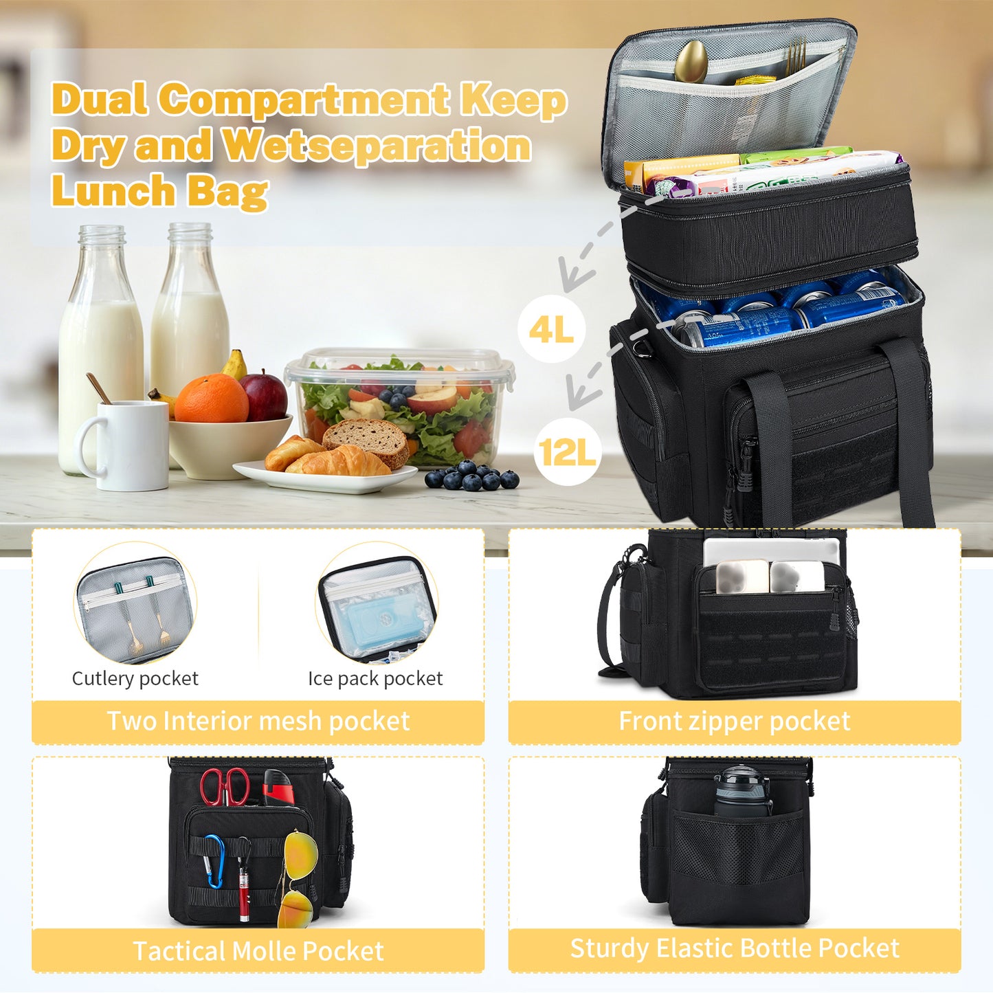 Holuxer Tactical Lunch Box for Men, Double Deck Expandable Mens Lunch Bag for Work Travel Daytrip Picnic Camping, Large Capacity Cooler Bags with Adjustable Shoulder Strap, Black