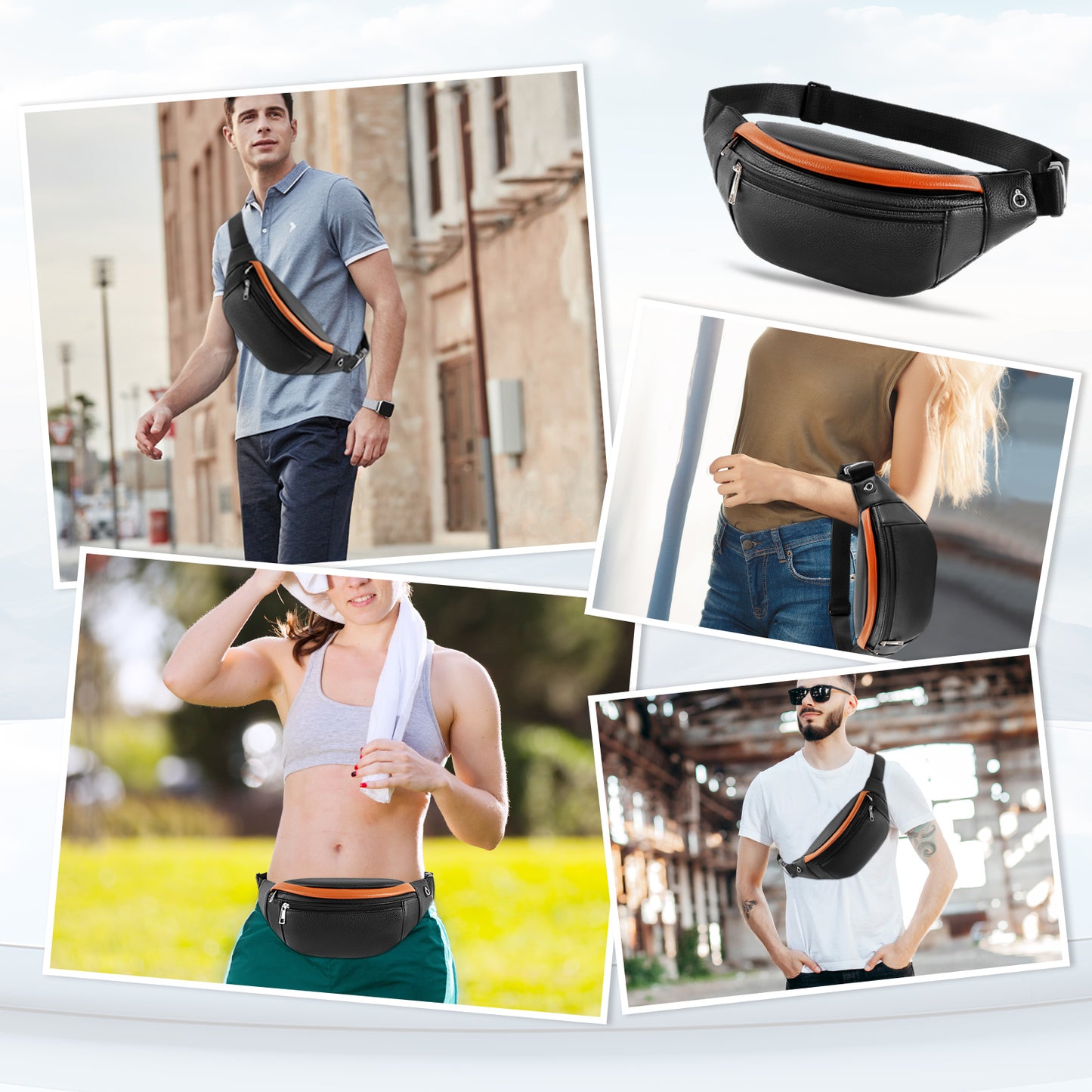 Holuxer Leather Fanny Pack Waist Packs for Women/Men, Fashion Waterproof Waist Bag with Adjustable Belt for Travel Sports Running black