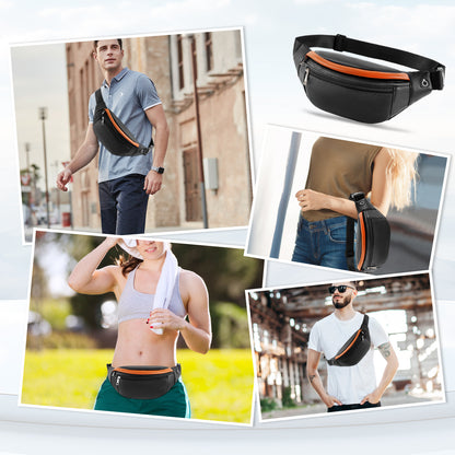 Holuxer Leather Fanny Pack Waist Packs for Women/Men, Fashion Waterproof Waist Bag with Adjustable Belt for Travel Sports Running black