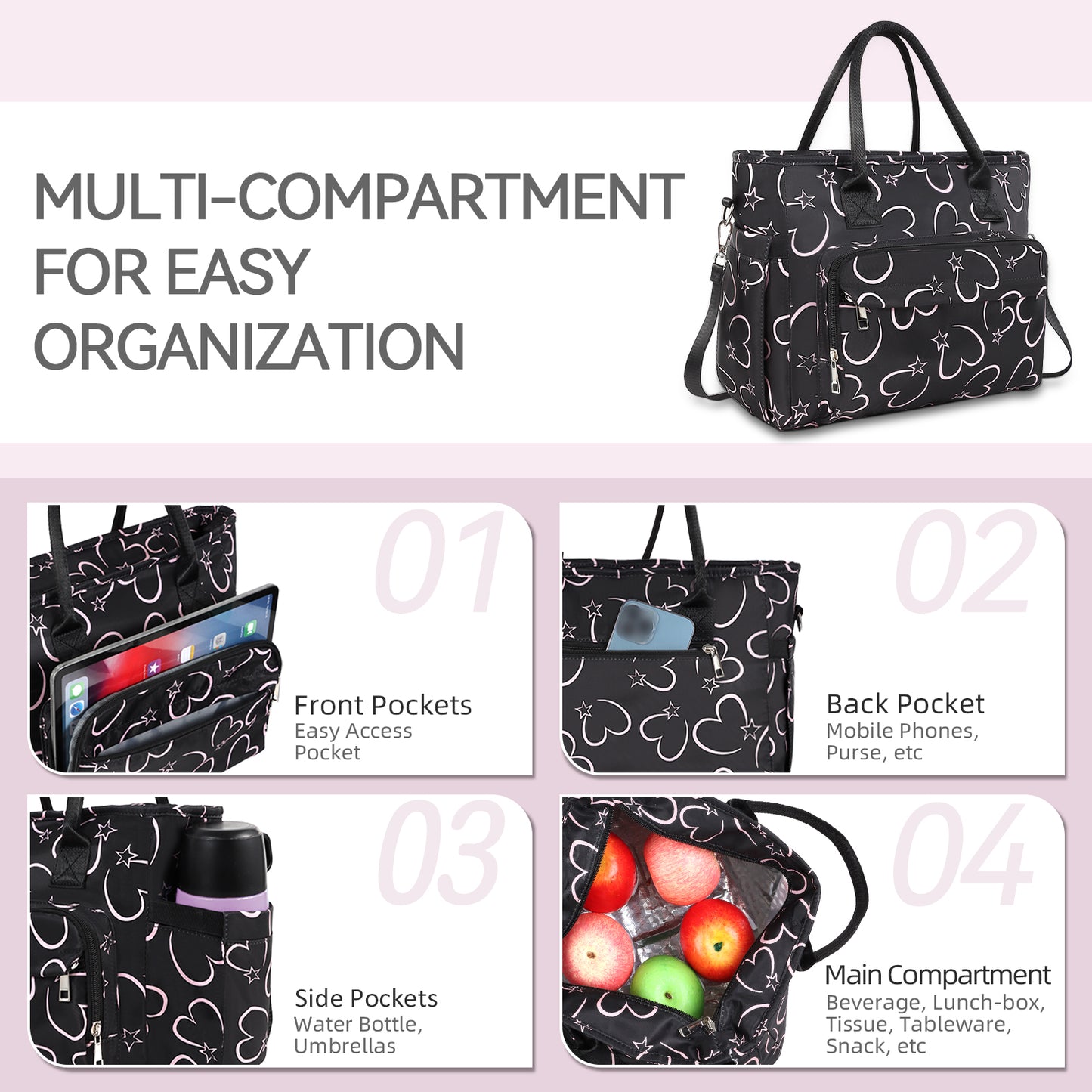 Holuxer Large Lunch Tote Bag, Insulated Lunch Bags for Women/Men, Reusable Portable Lunch Box, Leakproof Cooler Bags Weekender Pocket Handbags for Work Picnic Outdoor Shopping 10L, Black ( LOVE )