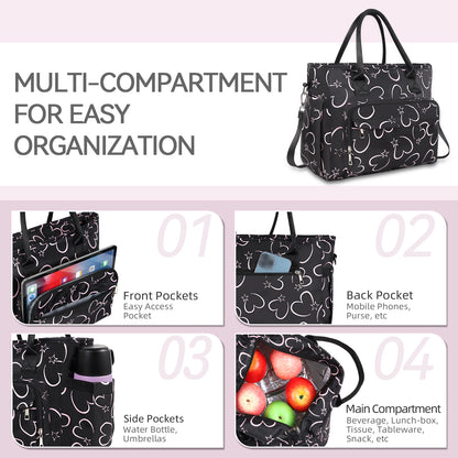 Holuxer Large Lunch Tote Bag, Insulated Lunch Bags for Women/Men, Reusable Portable Lunch Box, Leakproof Cooler Bags Weekender Pocket Handbags for Work Picnic Outdoor Shopping 10L, Black ( LOVE )