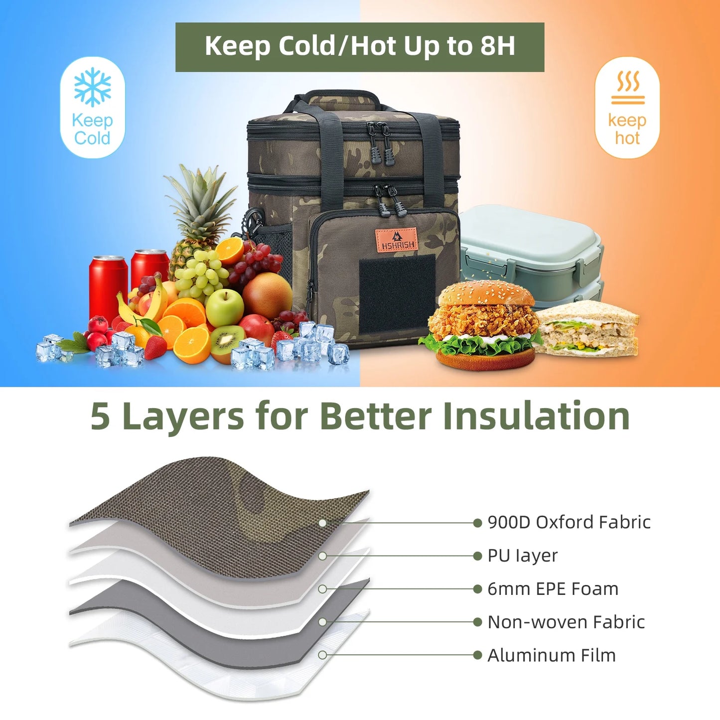 Holuxer Expandable Insulated Lunch Box for Men, Large Durable Thermal Lunch Bag with Shoulder Strap, Soft Leakproof Cooler Bags for Work Outdoor Picnic Trips, 20 Can/16 L, Camo, Mesh