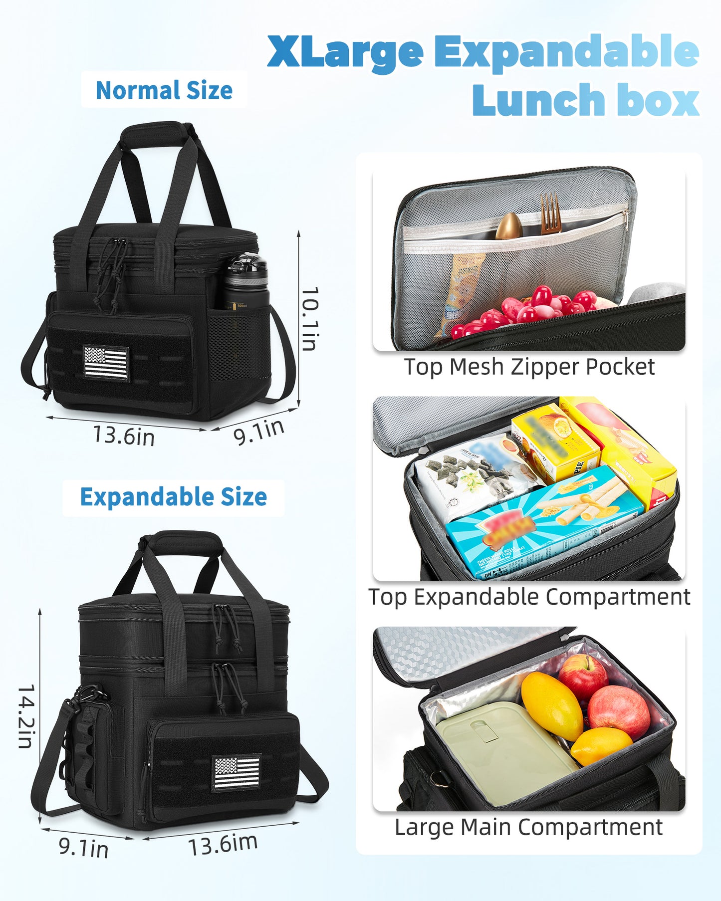 Holuxer Large Lunch Bag & Lunch Box for Men - 23L Double Deck Tactical Insulated Adult Lunchbox for Work - Soft Expandable Lunch Cooler Bags for Beach Picnic Camping Outdoor Travel (Black)