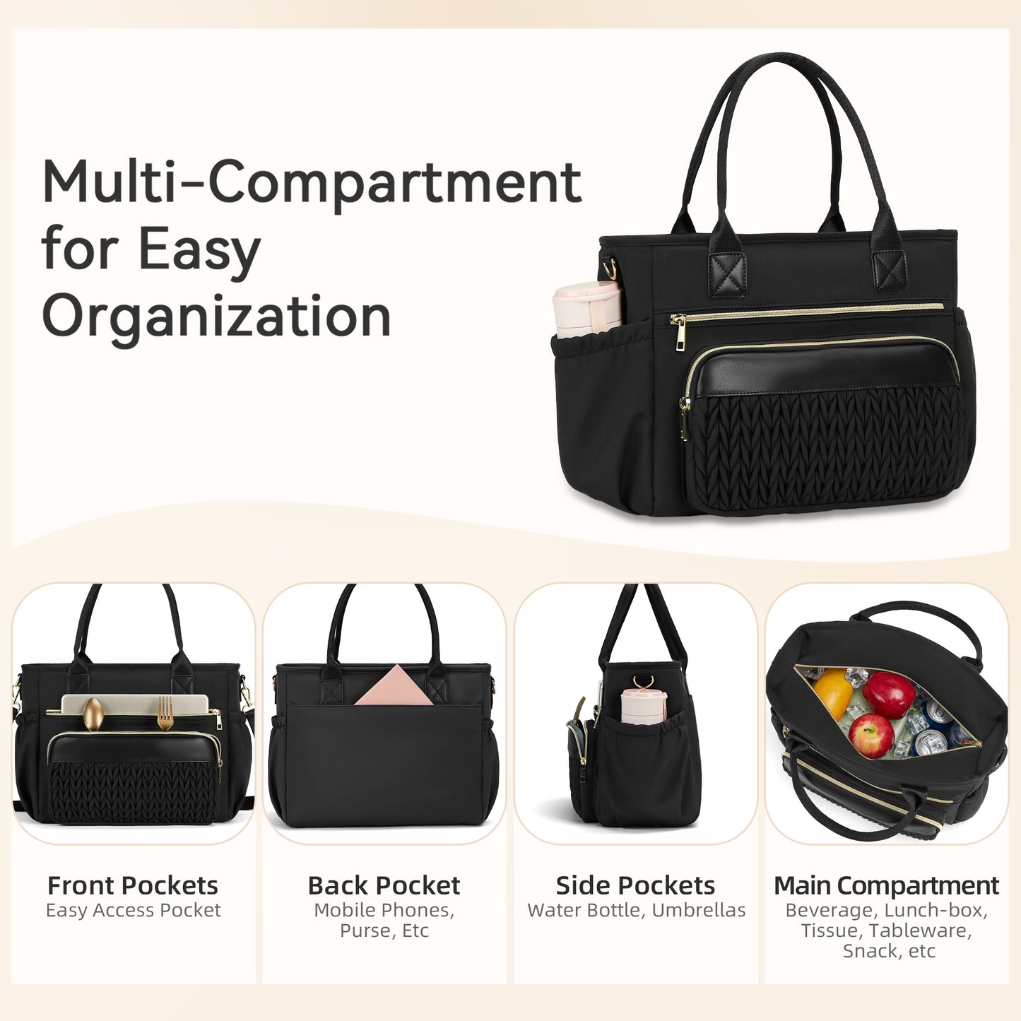 Holuxer Large Lunch Bag for Women Adult Lunchbox Purse for Work, 14L Leakproof Cooler Lunchbag Box for Woman Picnic Beach, Insulated Tote Bags (Black)
