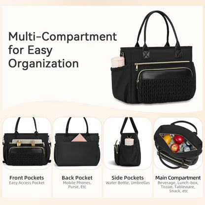 Holuxer Large Lunch Bag for Women Adult Lunchbox Purse for Work, 14L Leakproof Cooler Lunchbag Box for Woman Picnic Beach, Insulated Tote Bags (Black)
