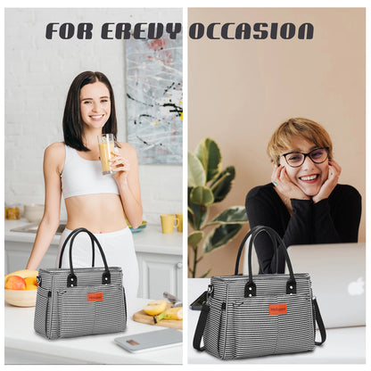 Holuxer Lunch Box for Women Cute Insulated Lunch Bags, Large Leakproof Cooler Purse with Side Pockets & Removable Shoulder Strap Womens Lunch Tote Bag for Work Picnic Beach (Stripe)