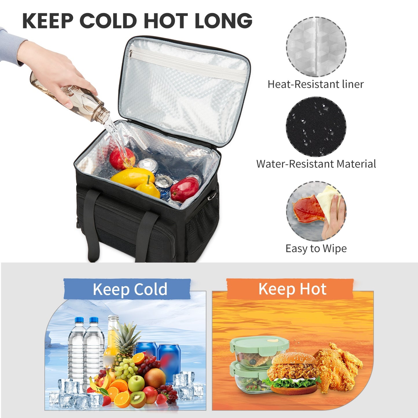 Holuxer Soft Cooler Bags Insulated Lunch Box for Men, Extra Large Sided Beach Coolers Bag, Reusable Leakproof Lunchbox Pail for Shopping Picnic, Black