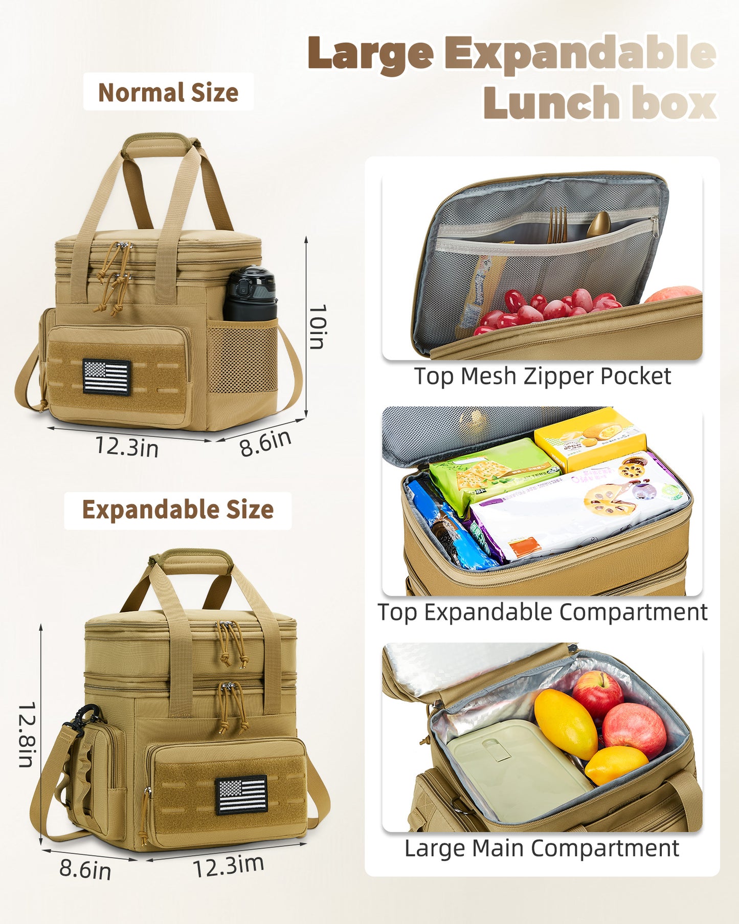 Holuxer Insulated Lunch Boxes for Men - Double Deck Lrage Lunch Bags for mens, Soft Adult Lunchbox for Work, Expandable Lunch Cooler Bag for Beach Picnic Camping Outdoor Travel (Brown,16L)