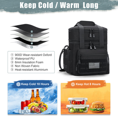 Holuxer Large Lunch Box for Men/Adults, Double Deck Expandable Camping Lunch Bags for Work Travel Daytrip Picnic Outdoor, Insulated Leakproof Cooler Bags with Flag Adjustable Shoulder Strap Black