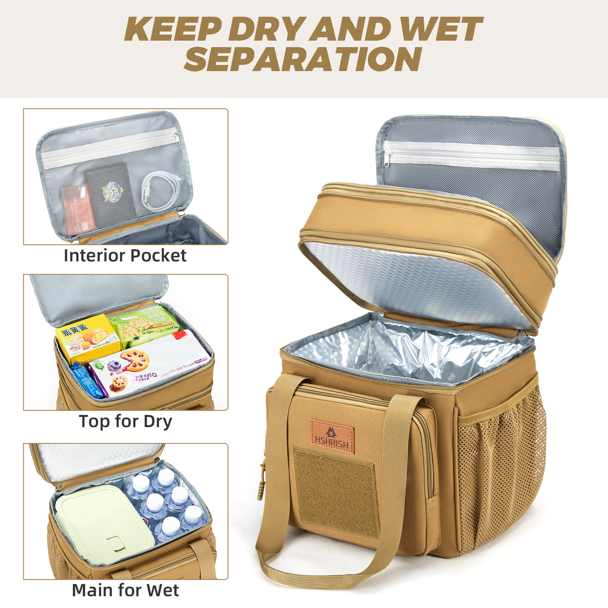 Holuxer Double Deck Large Tactical Lunch Bag for Adults, Leakproof Insulated Lunch Bag with Shoulder Strap, Lunch Cooler Box for Men Work Outdoor Picnic Trips, 20 Cans/16 L, Brown