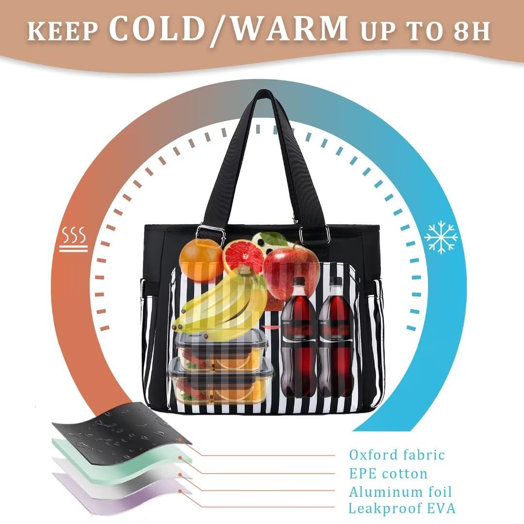 Holuxer Large Lunch Bag for Women, Insulated Adult Lunch Box for Work, Leakproof Cooler Lunch Tote Bags with Storage Pocket. Reusable Lunchbox Purse for Works Picnic Hiking 14L, Stripe