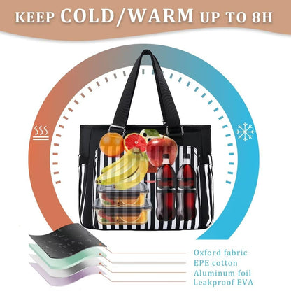 Holuxer Large Lunch Bag for Women, Insulated Adult Lunch Box for Work, Leakproof Cooler Lunch Tote Bags with Storage Pocket. Reusable Lunchbox Purse for Works Picnic Hiking 14L, Stripe