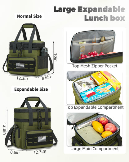 Holuxer Tactical Lunch Box & Lunch Bag for Men - Large Double Deck Insulated Adult Lunchbox for Work - Soft Expandable Lunch Cooler Bag for Beach Picnic Camping Outdoor Travel (Green,16L)