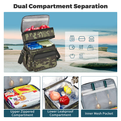Holuxer Insulated Lunch Bag with Side Pocket for Women/Men-Double Deck Reusable Lunch Bags, Lunch Box Tote Cooler Bag Leakproof Soft Expandable-Large Lunchbox for Work/Adult/Picnic/Outdoor 15L-Camo