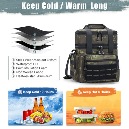 Holuxer Insulated Lunch Bag for Men/Adults, Double Deck Expandable Camping Lunch Box for Work Travel Daytrip Picnic Outdoor, Large Leakproof Cooler Bags with Adjustable Shoulder Strap Organizer Camo