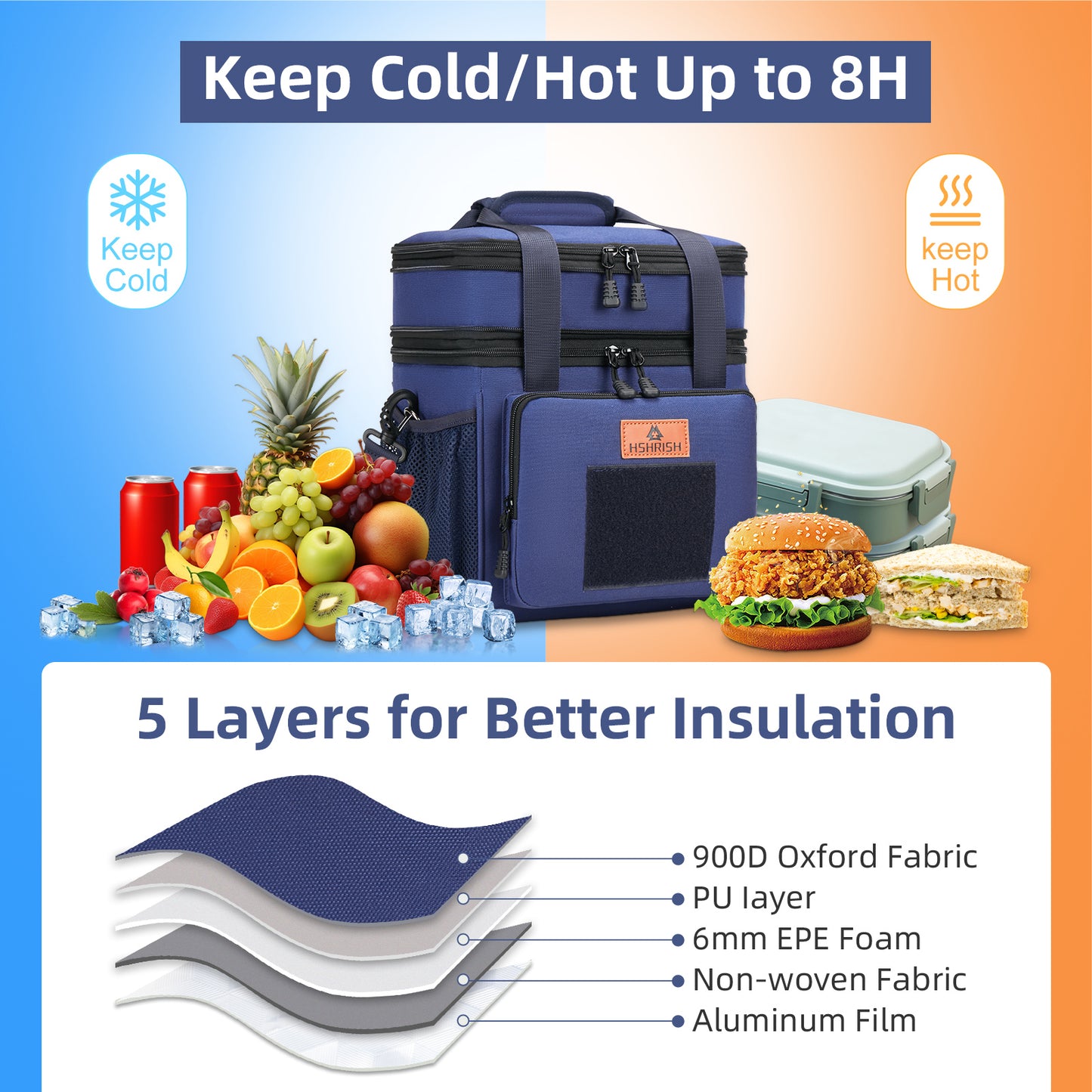 Holuxer Large Lunch Boxes for Men/Adults, Expandable Double-Deck Insulated Lunch Bag with Shoulder Strap, Soft Leakproof Cooler Bags for Work Outdoor Picnic Trips, 20 Can/16L, Blue, Mesh