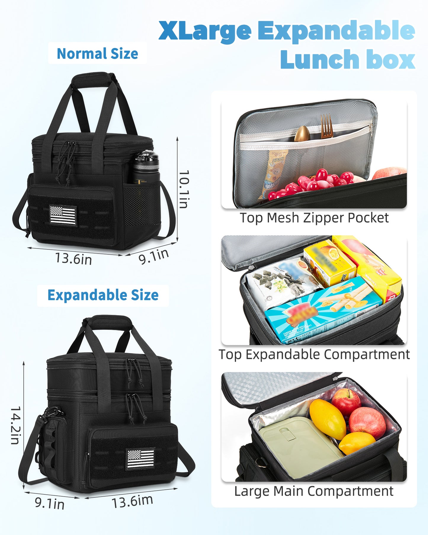 Holuxer Insulated Lunch Bag & Lunch Box for Men/Women - Double Deck Expandable Tactical Lunch Cooler Bags for Work - Soft Adult Lunchbox for Outdoor Beach Picnic Camping Travel (Black,16L)