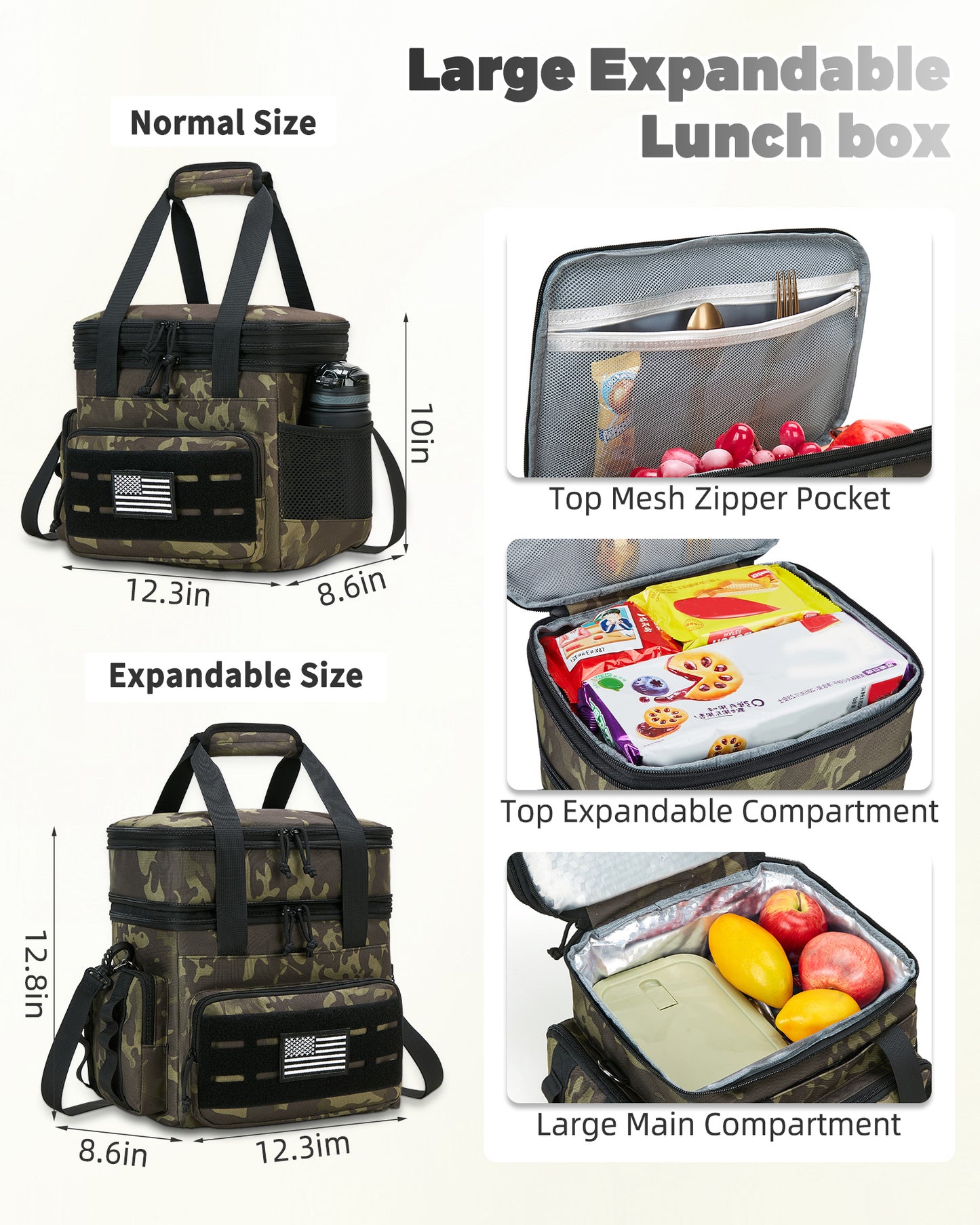 Holuxer Tactical Lunch Bag & Lunch Box for Men - Large Double Deck Insulated Adult Lunchbox for Work - Soft Expandable Lunch Cooler Bag for Beach Picnic Camping Outdoor Travel (Camo,16L)