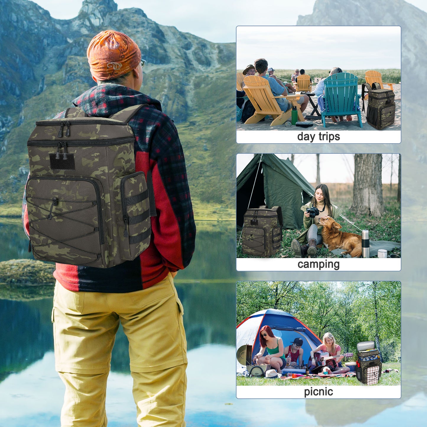 Holuxer Double Deck Backpack Cooler, Insulated Lunch Bags for Men, 30L Fashion Back Pack Tactical Leakproof Coolers Bag, Large Heavy Duty Soft Lunch Backpacks for Outdoor Camping Hiking Picnics Beach