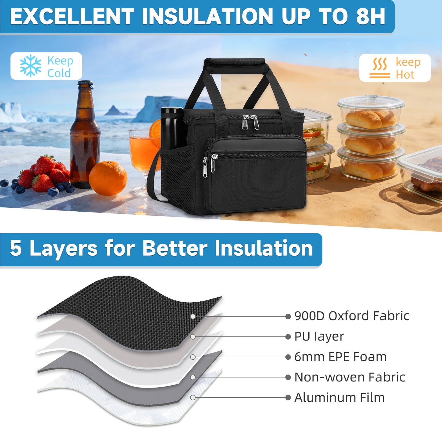 Holuxer Insulated  Lunch Box for Men, Tactical Lunch bag for Women Lunch Cooler Bags with Adjustable Shoulder Strap - Reusable Waterproof Leakproof Large Lunchbox for Work Picnic School, Black