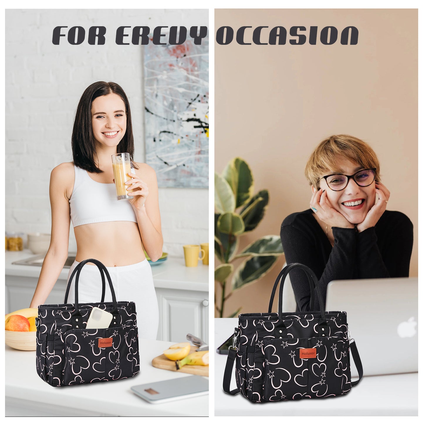 Holuxer Cute Lunch Bags for Women, Insulated Lunch Box for Work, Large Leakproof Cooler Purse with Side Pockets & Removable Shoulder Strap Womens Handbag Tote Bag for Shopping Picnic Beach (Love)