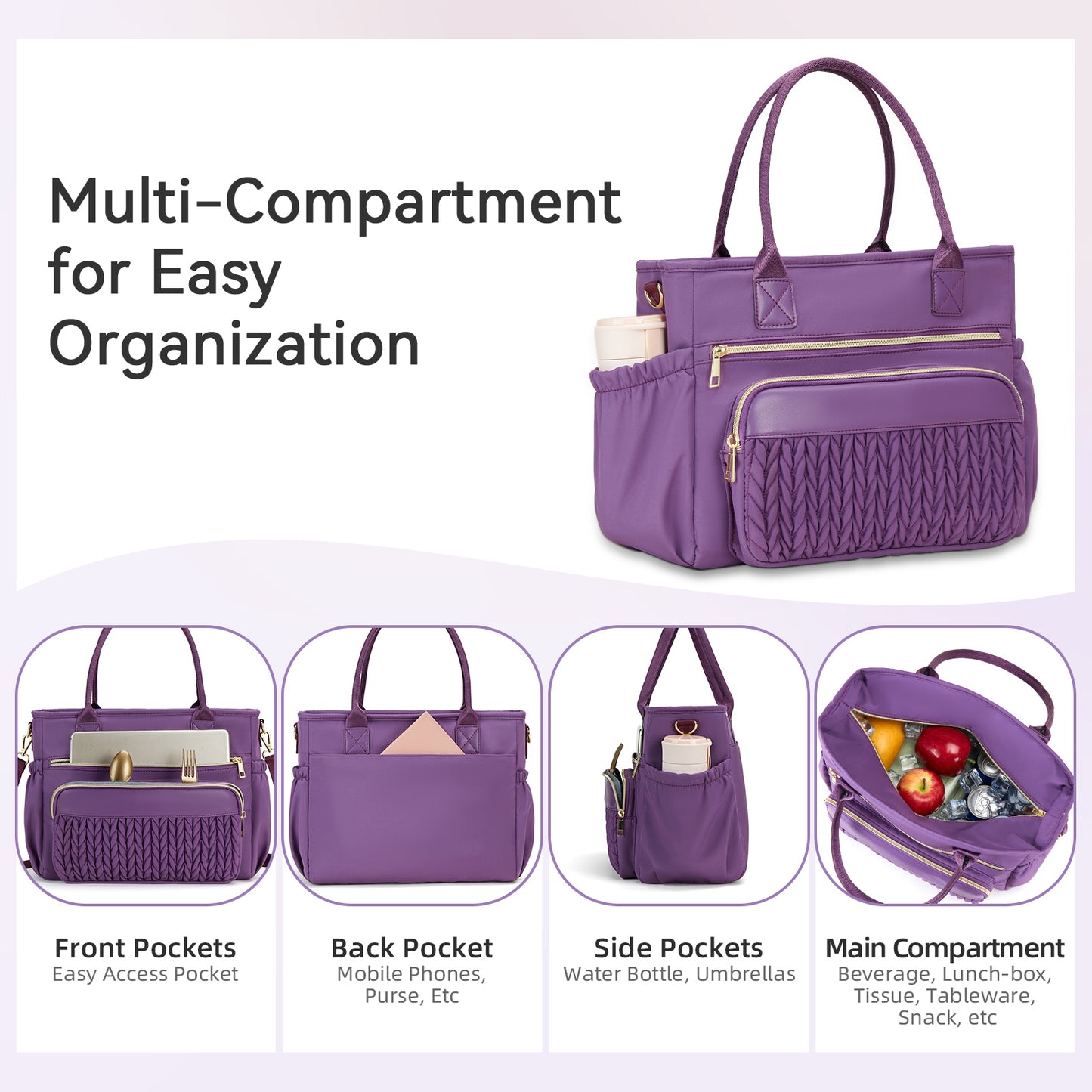 Holuxer Insulated Lunch Bag Women, 14L Adult Lunch Box Womens, Large Leakproof Cooler Bag for Work Picnic Beach, Reusable Lunch Tote Bag with Adjustable Shoulder Strap Cup Holder (Purple)