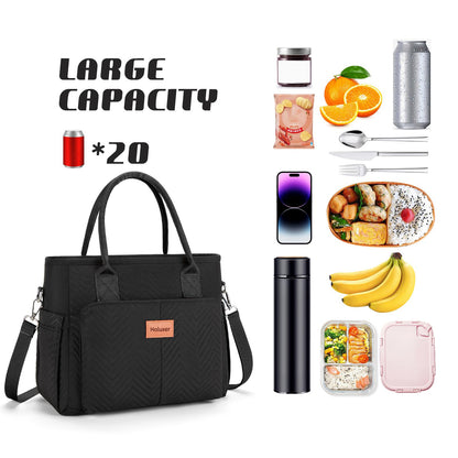 Holuxer Lunch Bags for Women, Insulated Lunch Box for Work, Large Leakproof Cooler Purse with Side Pockets & Removable Shoulder Strap Women's Lunch Tote Bag for Picnic Work Beach Lunch Bags, Black