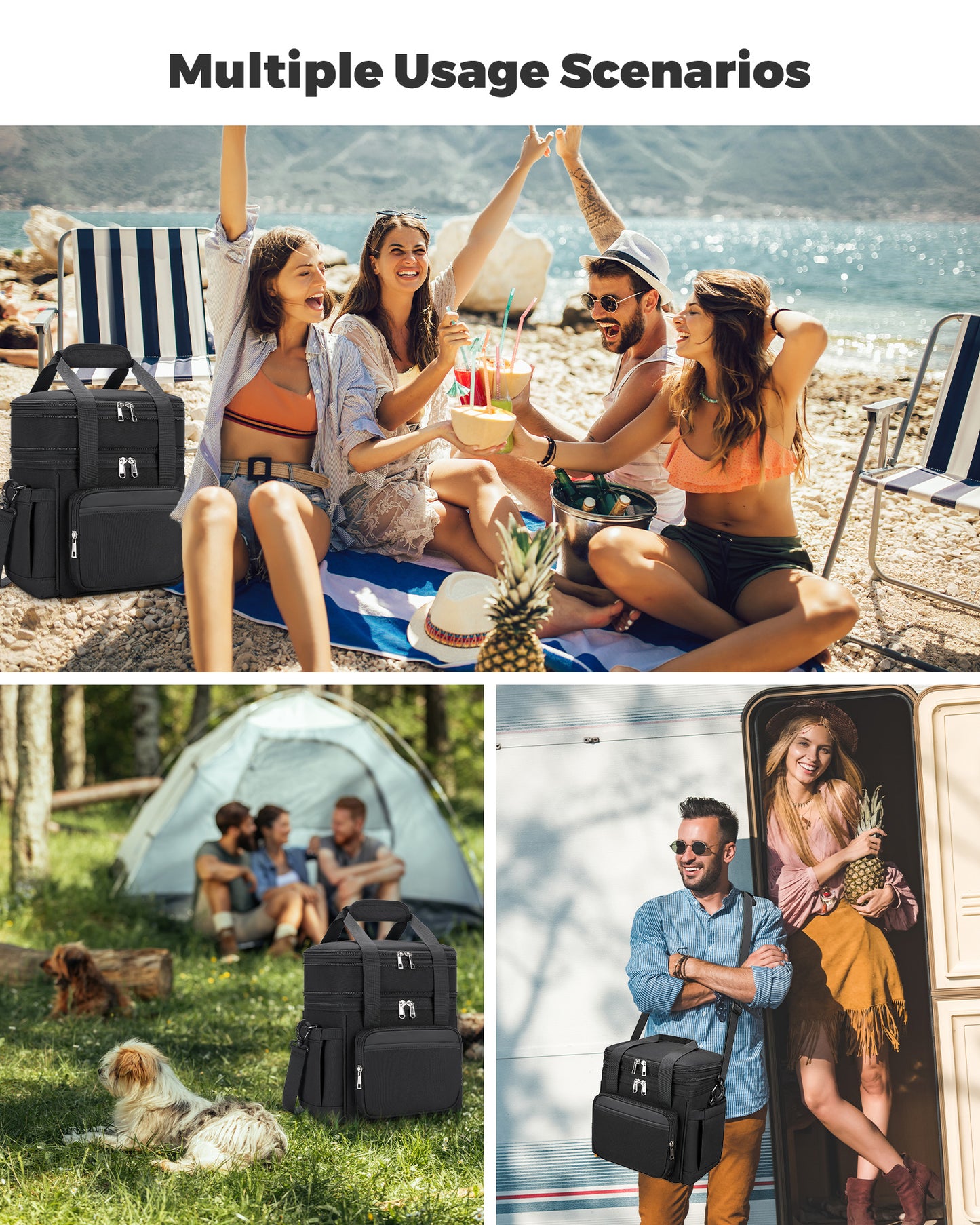 Holuxer Insulated Lunch Box for Men, Double Deck Reusable Lunch Bags for Women Tote Cooler Bag Leakproof Soft Expandable, Large Lunchbox for Work/Adult/Picnic/Outdoor Black-15L