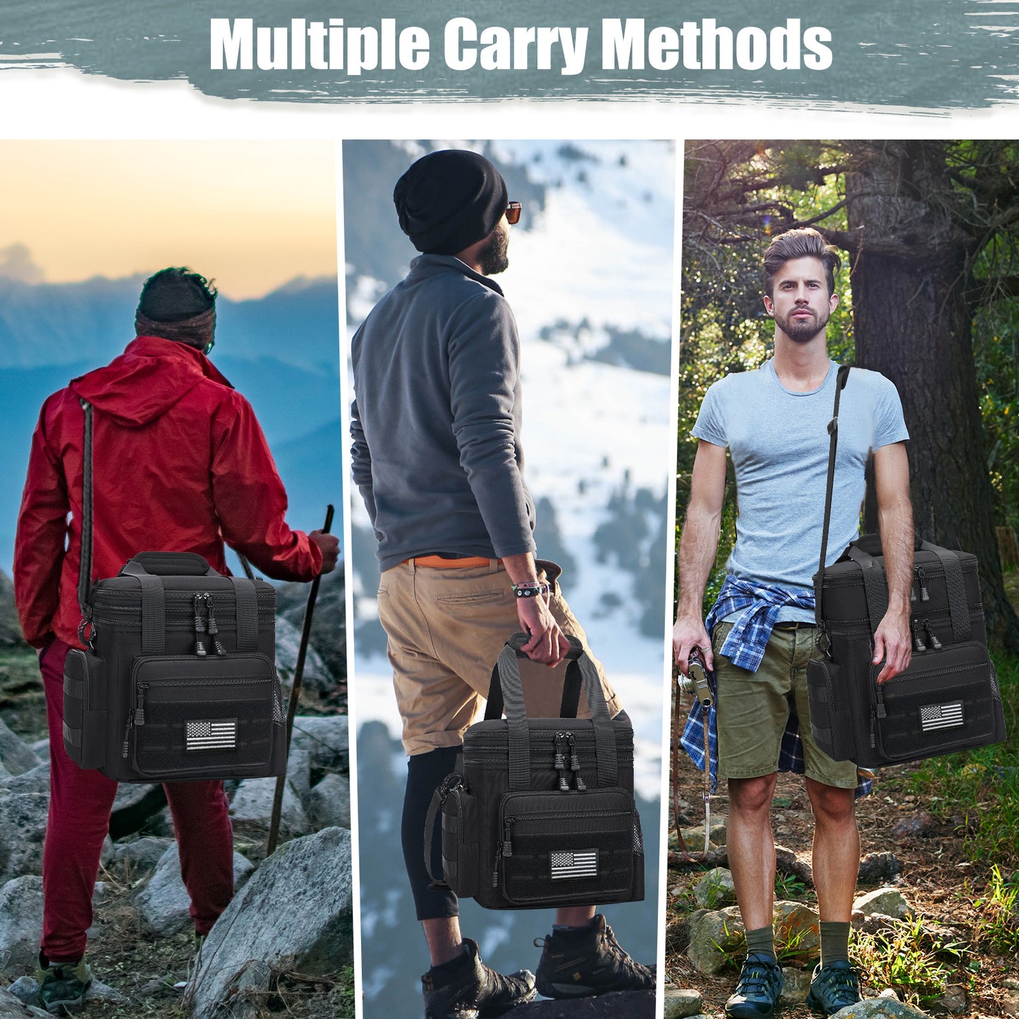 Holuxer Large Lunch Box for Men/Adults, Double Deck Expandable Camping Lunch Bags for Work Travel Daytrip Picnic Outdoor, Insulated Leakproof Cooler Bags with Flag Adjustable Shoulder Strap Black