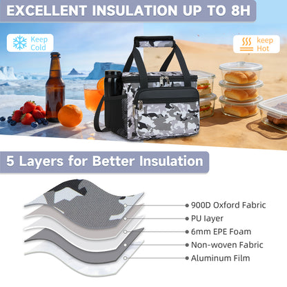 Holuxer Tactical Lunch Box for Men/Women, Insulated Lunch Bag for Woman Lunch Cooler Bags with Adjustable Shoulder Strap-Reusable Waterproof Leakproof Lunchbox for Work Picnic School, White-Camo