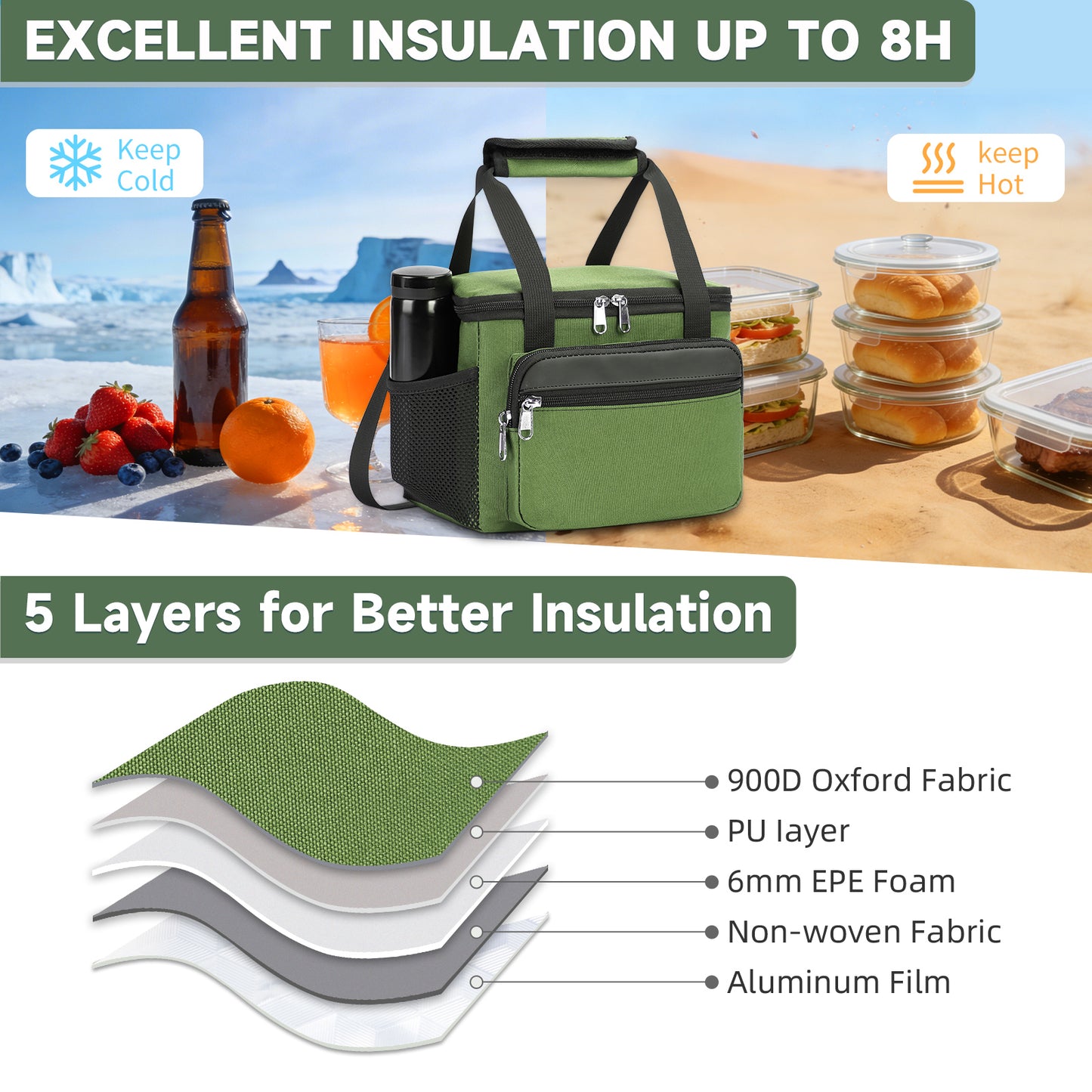 Holuxer Tactical Lunch Box for Men/Women, Insulated Lunch bag for Work Lunch Cooler Bags with Adjustable Shoulder Strap - Reusable Waterproof Leakproof Large Lunchbox for Beach Picnic School, Green