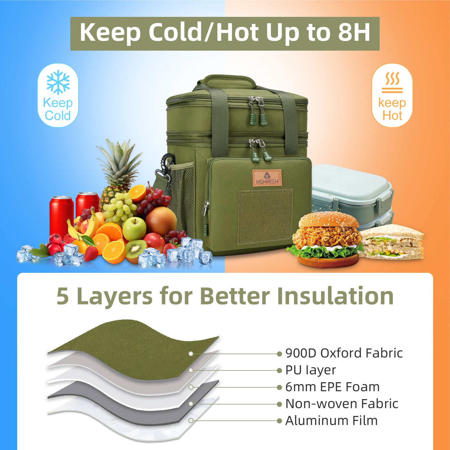 Holuxer Large Lunch Boxes for Men/Adults, Expandable Double-Deck Insulated Lunch Bag with Shoulder Strap, Soft Leakproof Cooler Bags for Work Outdoor Picnic Trips, 20 Can/16L, Green, Mesh