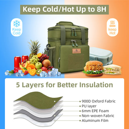 Holuxer Large Lunch Boxes for Men/Adults, Expandable Double-Deck Insulated Lunch Bag with Shoulder Strap, Soft Leakproof Cooler Bags for Work Outdoor Picnic Trips, 20 Can/16L, Green, Mesh