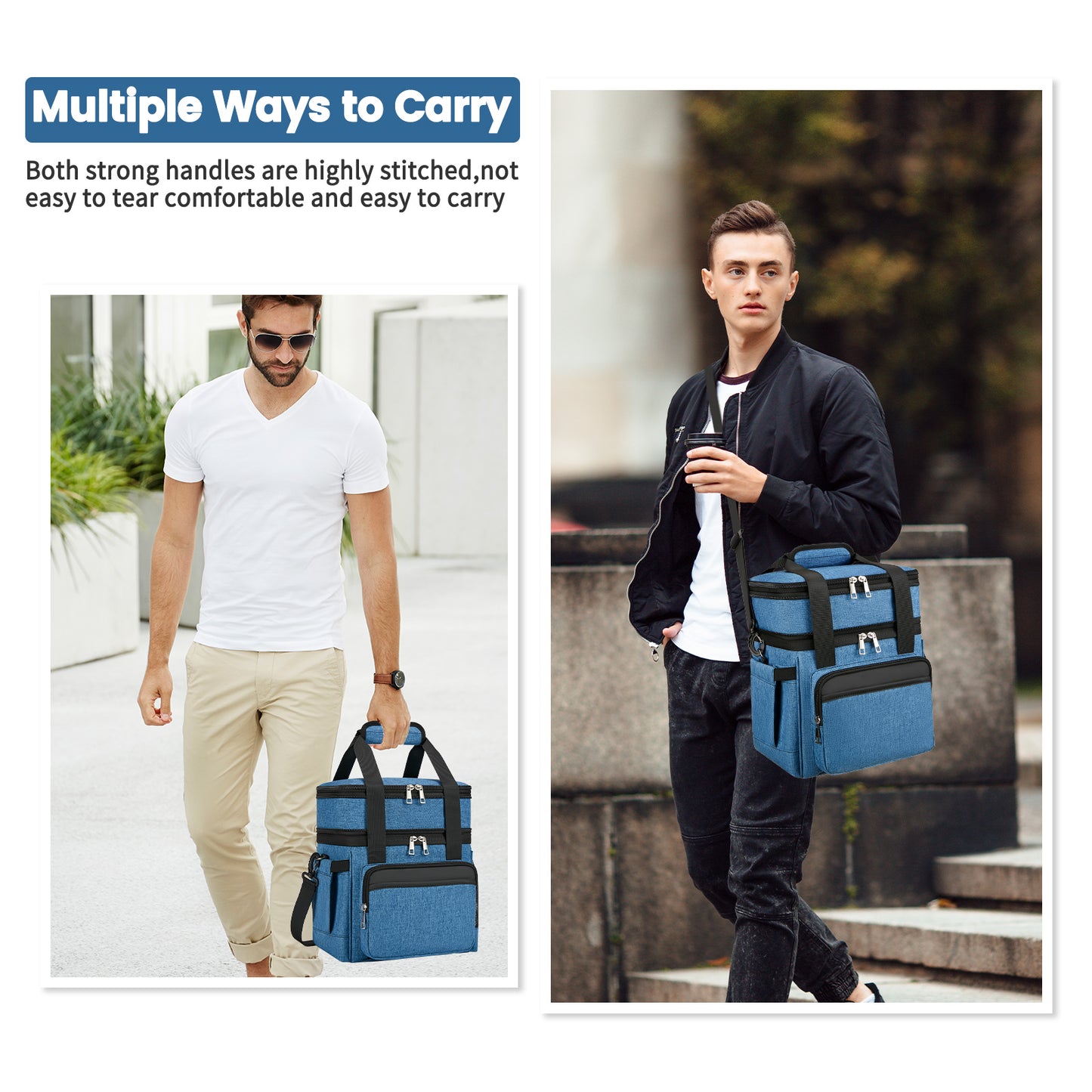 Holuxer Insulated Lunch Bags with Side Pocket for Women/Men-Double Deck Reusable Lunch Bag, Lunch Box Tote Cooler Bag Leakproof Soft Expandable-Large Lunchbox for Work/Adult/Picnic/Outdoor 15L-Blue