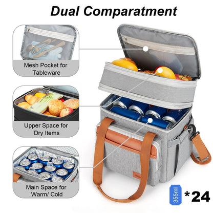 Holuxer Insulated Lunch Box for Men Lunch Bags, Expandable Large Lunchbox for Work Picnic Office, Outdoor Reusable Double Deck Coolers Tote for Adults Gray 15L