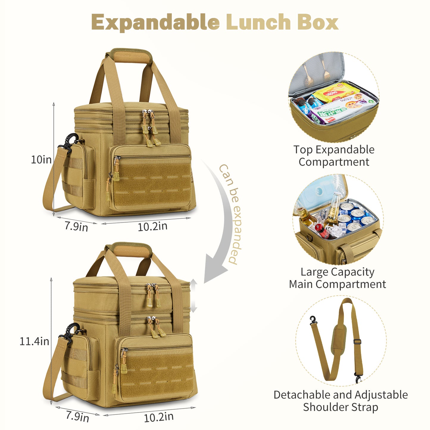 Holuxer Lunch Box for Men, 24 Can Double Deck Expandable Tactical Mens Lunch Bag for Work Travel Daytrip Picnic Camping, Large Capacity Cooler Bags with Adjustable Shoulder Strap, Brown