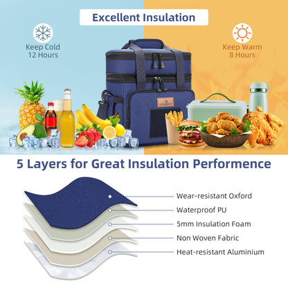 Holuxer Double Deck Tactical Lunch Bags, Large Expandable Insulated Lunch Box, Durable Waterproof Leakproof Cooler Bag for Adults/Men/Women/Work Outdoor Beach Trips, 20 Cans/15 L, Blue