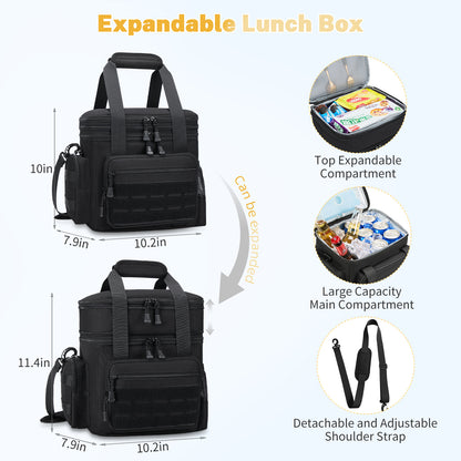 Holuxer Tactical Lunch Box for Men, Double Deck Expandable Mens Lunch Bag for Work Travel Daytrip Picnic Camping, Large Capacity Cooler Bags with Adjustable Shoulder Strap, Black