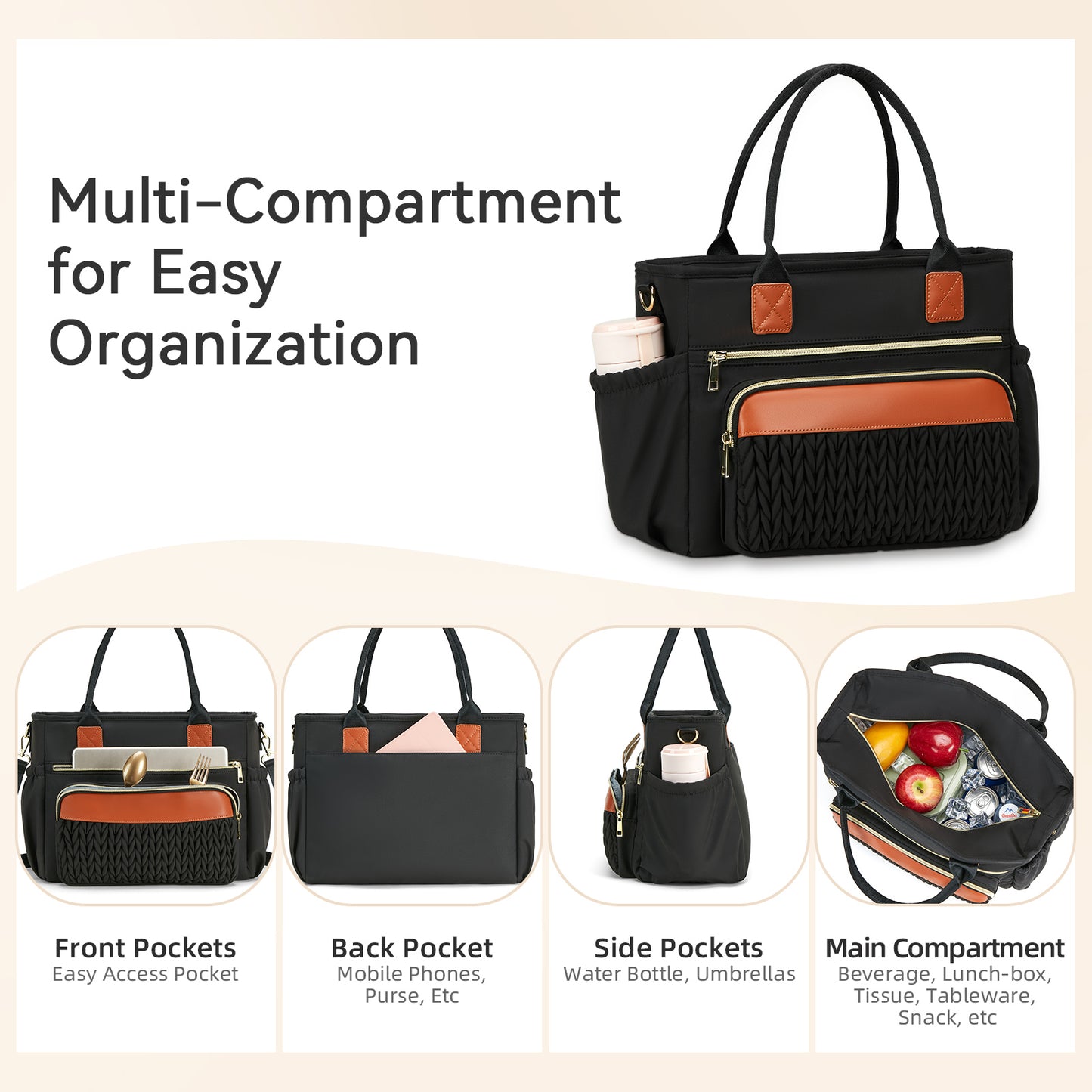 Holuxer Large Lunch Bag for Women 14L Insulated Lunch Box for Work, Freezable Leakproof Cooler Tote Bags with Shoulder Strap, 1 Count (Black Brown)