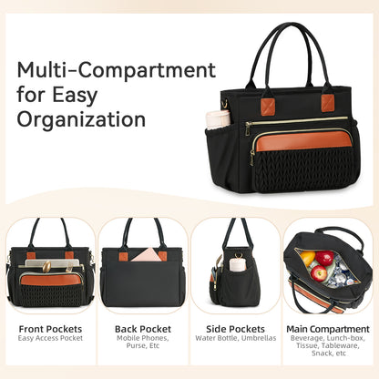 Holuxer Large Lunch Bag for Women 14L Insulated Lunch Box for Work, Freezable Leakproof Cooler Tote Bags with Shoulder Strap, 1 Count (Black Brown)