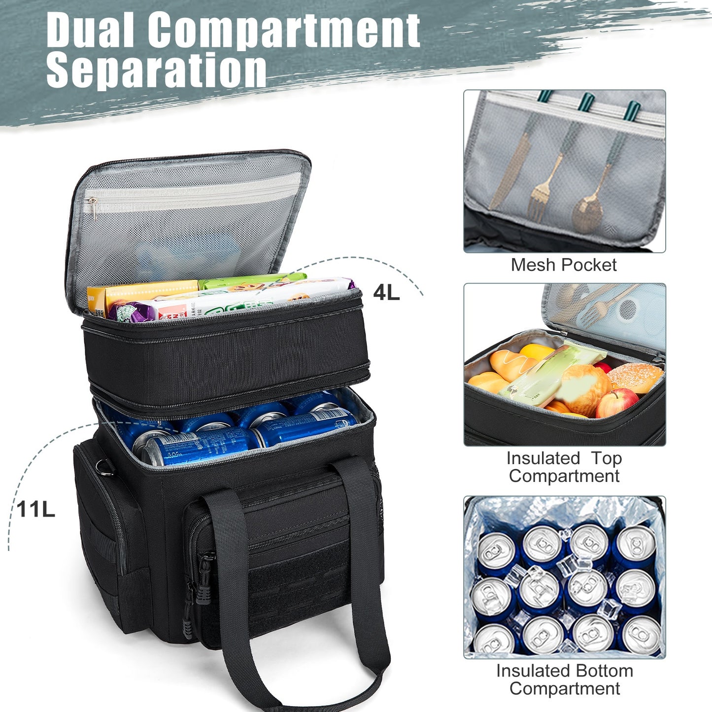 Holuxer Large Lunch Box for Men/Adults, Double Deck Expandable Tactical Lunch Bag for Work Travel Daytrip Picnic Outdoor, Insulated Leakproof Cooler Bags with Adjustable Shoulder Strap Black 20L