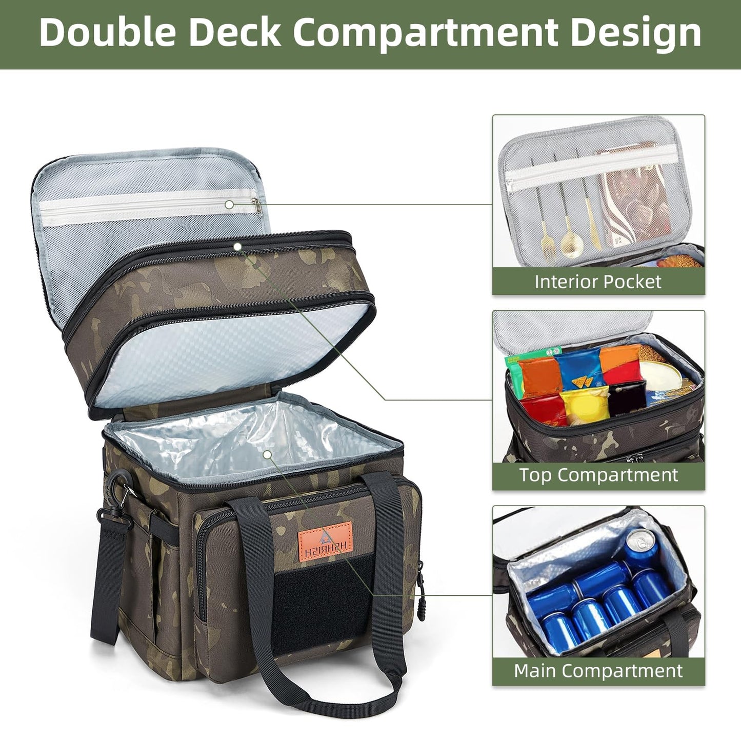 Holuxer Expandable Insulated Lunch Box for Men, Large Durable Thermal Lunch Bag with Shoulder Strap, Soft Leakproof Cooler Bags for Work Outdoor Picnic Trips, 20 Can/16 L, Camo, Mesh