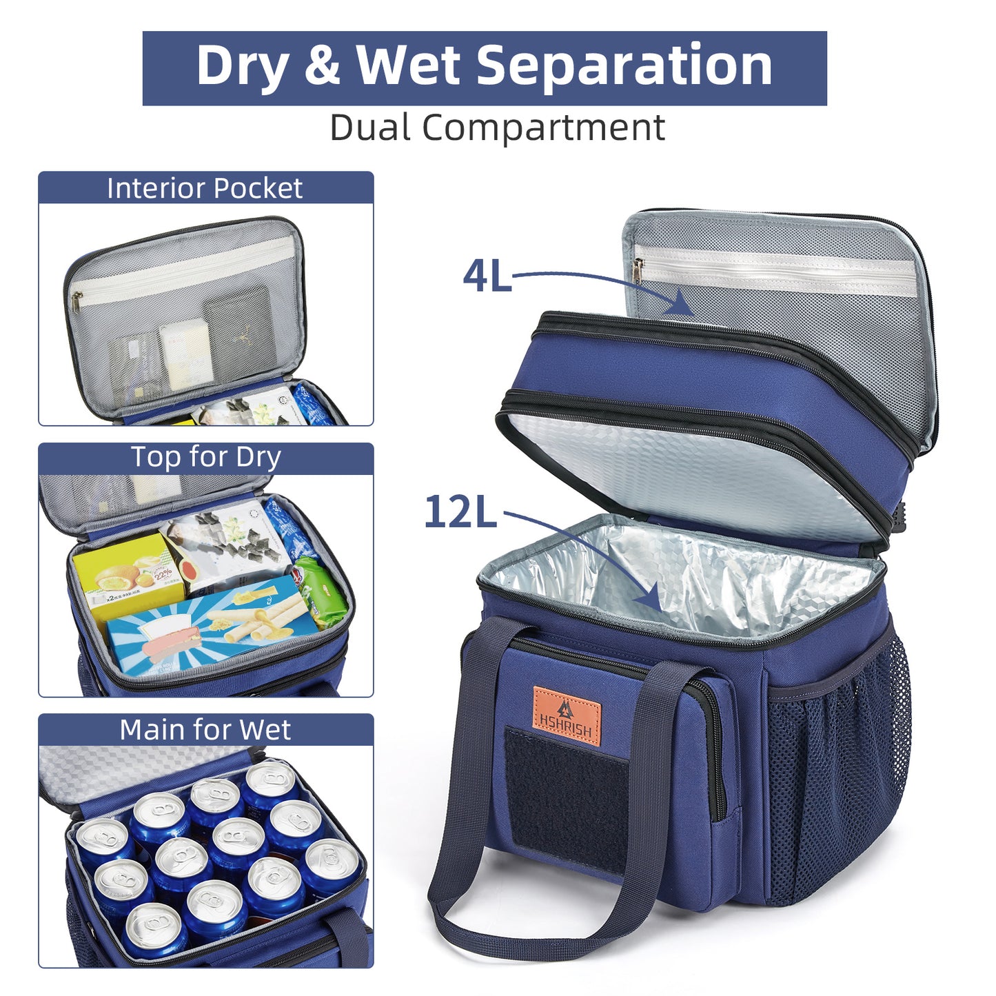 Holuxer Large Lunch Boxes for Men/Adults, Expandable Double-Deck Insulated Lunch Bag with Shoulder Strap, Soft Leakproof Cooler Bags for Work Outdoor Picnic Trips, 20 Can/16L, Blue, Mesh