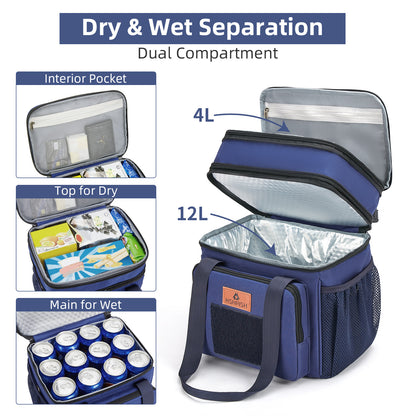 Holuxer Large Lunch Boxes for Men/Adults, Expandable Double-Deck Insulated Lunch Bag with Shoulder Strap, Soft Leakproof Cooler Bags for Work Outdoor Picnic Trips, 20 Can/16L, Blue, Mesh